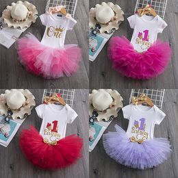 Baby letter Clothing Sets girls Sequins Bow headband+letter romper+TuTu lace skirts 3pcs/set Boutique kids Birthday party Clothes Set M3555