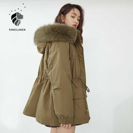 FANSILANEN Fur collar hooded thermal down jacket Women feather oversized winter coat Female drawstring quilted parka 210607