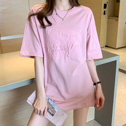 Summer Oversize Long T Shirt For Dress Women Tshirt Short Sleeve Tee Shirt Femme Loose Three-dimensional Letters Tops 210604
