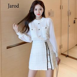 Fashion 2 Piece Set Autumn Women Chiffon Patchwork Long Sleeve Knit Top + High Waist Plaid Tweed Mini Skirt Suit 210518