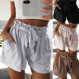 Casual Tie Front Ruffled Waist Paper Bag Shorts Ladies Summer Drawstring Solid Colour Mid-waist Streetwear Cute 210714