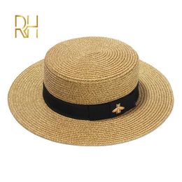 Ladies Sun Boater Flat Hats Small Bee Sequins Straw Retro Gold Braided Female Sunshade Shine Cap RH 220113