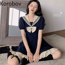 Korobov High Wasit Hip A Line Dress Contrast Colour Patchwork Bow Design Ruffles Vestido Long Sleeve Slim Summer Ropa 210430