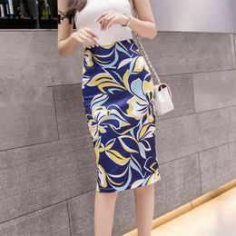 Elegant Floral Printed Sheath Wrap Skirts Spring Summer High Waist Zipper Back Split Pencil Midi Womens 210428