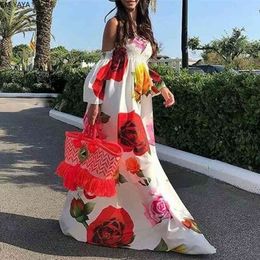 women elegant tunic high waist elastic chiffon floral print off shoulder maxi dress bohemian beach long dresses vestidos GL268 210329