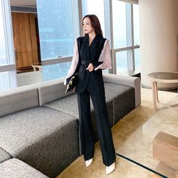Autumn Elegant Patchwork Hit Colour Blazer And Wide Leg Pant Suit Set Female Office OL Work Two Piece 210529