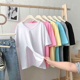 MATAKAWA Summer Korean Loose Woman Tshirts BF Solid V-neck Short-sleeved T Shirts Hem Split Hedging Student T-shirt Top Women 210513