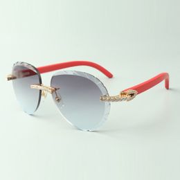 New cut lens endless diamond sunglasses 3524027 with natural red wooden temples glasses, size: 18-135 mm