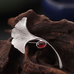 925 Sterling Silver Brooches for Women Red Garnet Stone Ginkgo Leaf Pendant Brooch Pin Men Suit Accessories Unusual Gifts