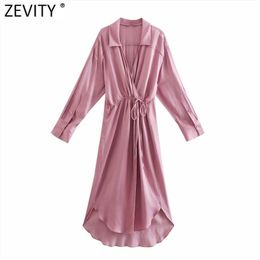 Women Fashion Solid Color Pleats Waist Lace Up Casual Loose Shirt Dress Female Chic Long Sleeve Irregular Vestidos DS8143 210420