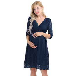 iiniim Womens Maternity Elegant Dress Floral Lace Overlay V Neck Half Sleeve Pregnant Photography Dress for Take Part Weeding Y0924