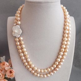 Yellow freshwater pearl 2lines with shell flower fastener Jewellery necklace on you will like it 19-20"