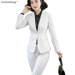 Women's Suits & Blazers 2021 Autumn Winter Women Business Pants Striped Blazer And Pant 2 Pieces Set For Work Wear