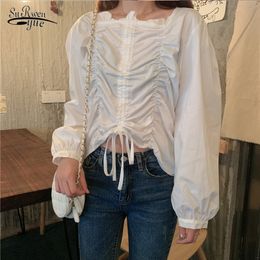 Korean Fashion Clothing Elastic Pleated Solid Drawstring Spring Blouse Blusas Mujer De Moda Puff Sleeve White Tops 10118 210521