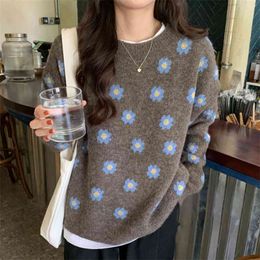 Autumn Winter Vintage Sweater Women Loose Korean Oversized Pullover Jumper Sweaters Woman Flower Printed Knitted 210514