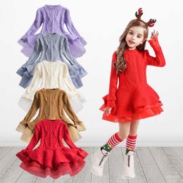 Little Girl Winter Dress Children Clothes Party Dresses For Girls Long Sleeve Knitted Sweater Pleated Christmas Dress Vestidos Q0716