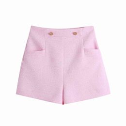 Women Elegant Texture Pink Shorts Summer Za Pockets Waist Side Female Casual Office Lady Chic Shorts 210521