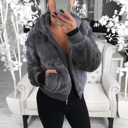 Teddy Coat Women Winter Faux Fur Thick Fluffy Pockets Plush Jacket Ladies Autumn Overcoat Outerwear 211029