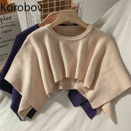 Korobov Korean Vintage Office Lady Women Sweaters Preppy Style O Neck Pullovers Autumn Winter Solid Elegant Sueter Mujer 210430