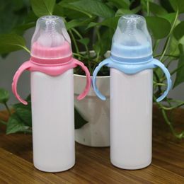 8oz Blank Sublimation Baby Feeding Sippy Bottles Pink Blue Double Wall Vacuum Nipple Handle Unbreakable Sublimation Bottle DHL FY4693