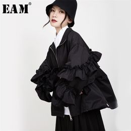 [EAM] Loose Fit Black Ruffles Stitch Big Size Jacket Lapel Long Sleeve Women Coat Fashion Spring Autumn 1B894 211109