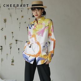 Designer Fall Women Blouse Long Sleeve Button Up Collar Shirt White Cotton Fashion Big Print Clothing 210427