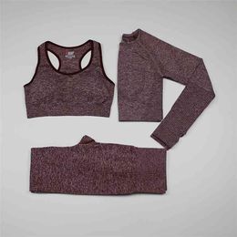 Vital Seamless Yoga Set Woman Sportswear 3 Pieces Long Sleeve Crop Top+Gym Leggings+Sport Brassiere Female Fitness Sports Suits 210813