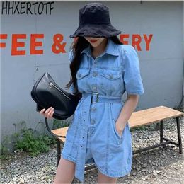 Summer Women Short Sleeve Jeans Denim Jumpsuit Casual Sexy turn down collar Temperament women's shorts jumpsuit 210531