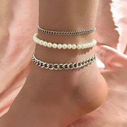 Anklets Classic Silver Colour Cuban Chain Bohemian Imitation Pearl Ankle Bracelets For Women Summer Beach Anklet Jewellery Female