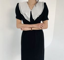 Organza Lapel Summer Dress Female OL Elegant Vintage Short Sleeve Slim Office Black Party es Vestidos 210421