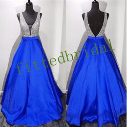 Sexy Backless Evening Dresses Equisize V-Neck Beaded Shining Crystal Prom Gowns Vestido de Fiesta