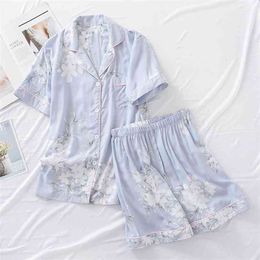 Summer ladies pajamas suit viscose buckle comfortable man-made cotton short-sleeved shorts two-piece home service set women 210830