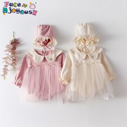 Spring New Newborn Baby Girl Baby Bodysuit Jumpsuit Girls Doll Collar Long Sleeve Mesh Dress Girl Clothes With Hat 210413