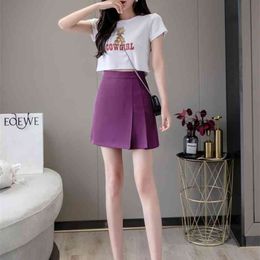 summer Korean Brief Solid purple Leisure Women Shorts Casual pleated A-line short skirt High Waist Wide Leg Short pants 210507