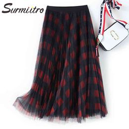 Long Tulle Skirt Women For Spring Summer Korean Style Red Green Black Plaid Pleated High Waist Midi Female 210421