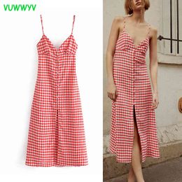 VUWWYV Red Plaid Backless Slip Midi Dress Women Summer Casual Thin Straps Woman Dresses Fashion Streetwear Vestidos Bow 210430