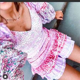 INSPIRED floral print ruffle for women vintage Summer puff sleeve ruched ladies sexy party dress 210412