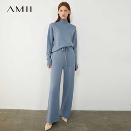 AMII Minimalism Autumn Winter Women Fashion Solid Turtleneck Sweater Tops Causal Elastic Waist Loose Female Pants 12040358 210930