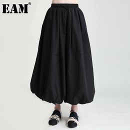 [EAM] Black Casual Pleated High Elastic Waist Ball Gown Midi Half-body Skirt Women Fashion Spring Summer 1DD8600 210512