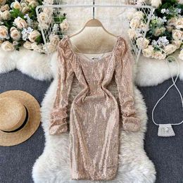 Lady Fashion Wear Chain Square Neck Slim Sequin Long Sleeve Package Hip Elegant Party Vestidos De Mujer Q446 210527