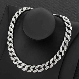 15mm Iced Out Cuban Necklace Chain Hip hop Jewelry Choker Gold Silver Color Rhinestone CZ Clasp for Mens Rapper Necklaces Link X0509