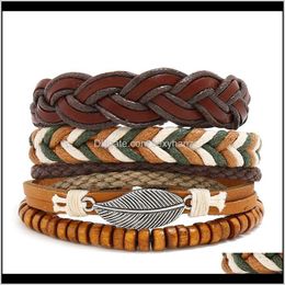 Charm Jewellery Drop Delivery 2021 4Pcs/Set Multicolor Punk Vintage Genuine Leather Alloy Pu Boho Gypsy Adjustable Braided Men Women Wrap Rope