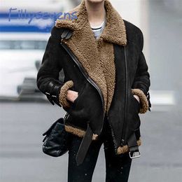 Ladies Loose Pu Leather Jackets Winter Women's Clothing Warm Lapel Biker Motor Outwear Lady Soft Street Faux Leather Coat 211126