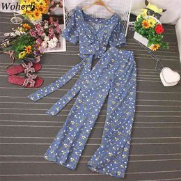 Chic Summer Bandage Crop Tops Blouse+Wide Leg Pants 2 Set Suit Floral Print Vintage Outfits All Match Two Piece Sets 210519