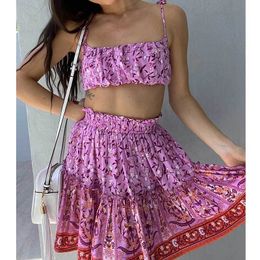 Inspired 2 piece outfits for women pink rose floral beach 2 piece set women elastic waist crop top cute women outfits 210412