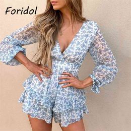 Long Sleeve Floral Chiffon Playsuit Romper Spring Summer Women Beach Elegant V Neck Fashion Clothes 210427