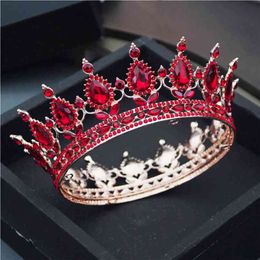 Teardrop Tiaras and Crowns Pink Red Diadem Royal Queen King Full Circle Ornaments Bridal Wedding Hair Jewellery Party Accessories 210707