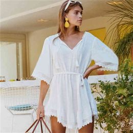 Beach dress Saida de Praia Cotton Cover up Kaftan Pareos Playa Mujer Lace Bikini Swimsuit cover #Q711 210722