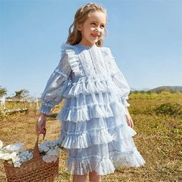 Children Girls Long Puff Sleeve Dress Baby Spring Pleated es for Cake Midi Tutu Kids Party Vestidos 211027