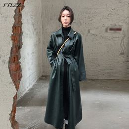 Spring Women PU Leather Long Jacket Faux Windbreaker Trench Coat Turn-down Collar Button with Belt 210423